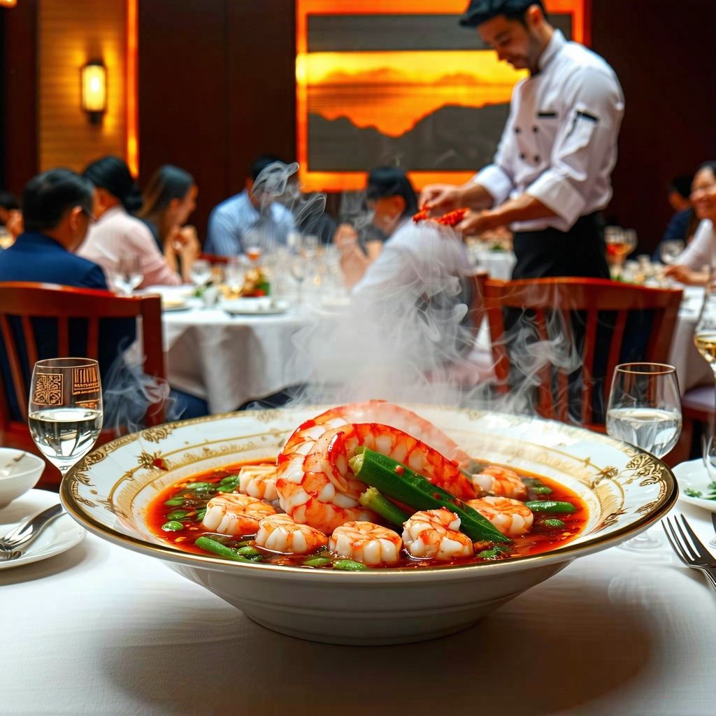 A bustling restaurant scene is captured in vibrant detail Patrons are seated at elegantly set tables with rich warm colors and sophisticated tableware In the foreground a waiter presents a steaming bowl of Seafood Okra adorned with a swirl of bright